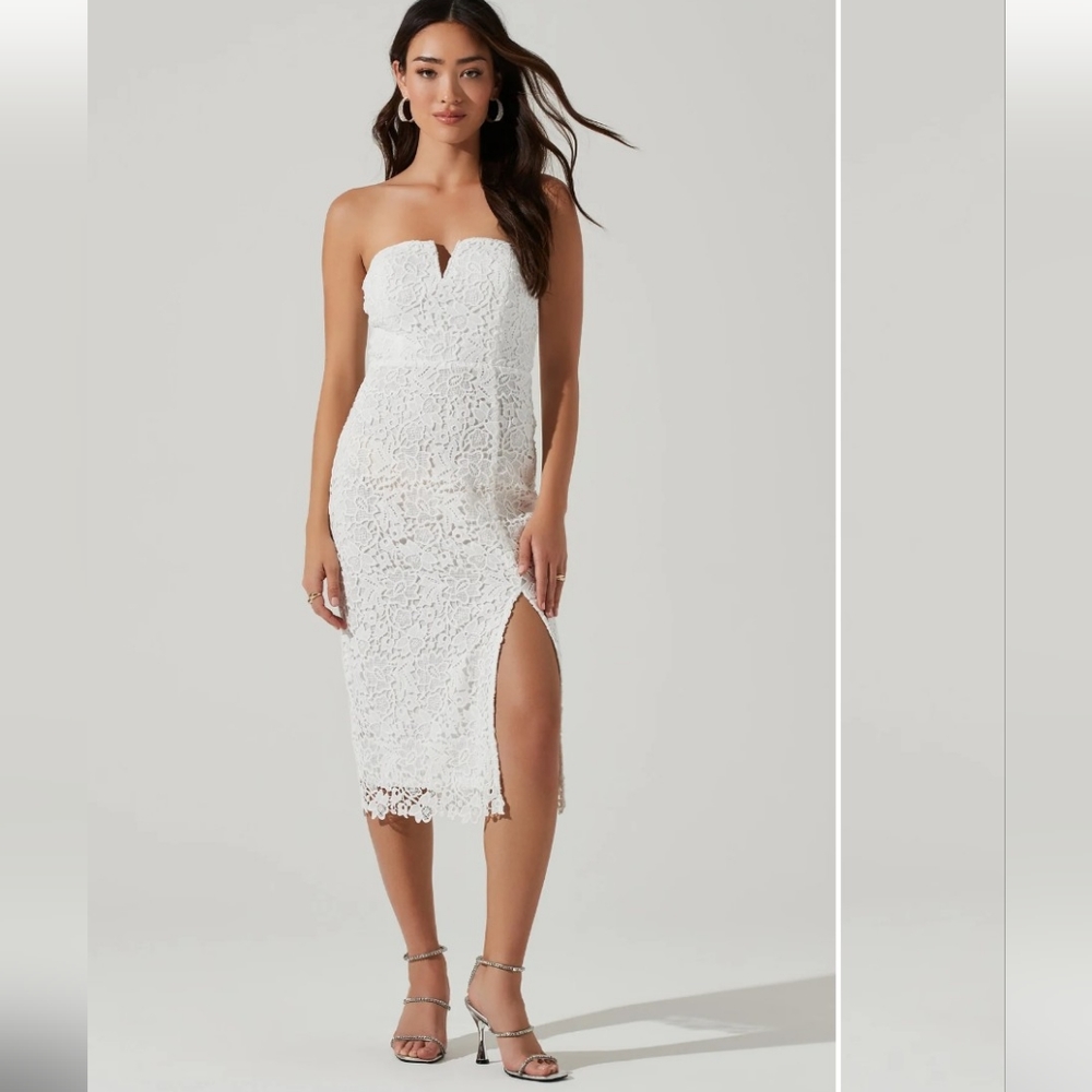 NEW ASTR THE LABEL Sz S White Kalena Strapless Sweetheart Lace Midi Dress
